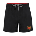 Black shorts with a red waistband and embroidered crest on a white background